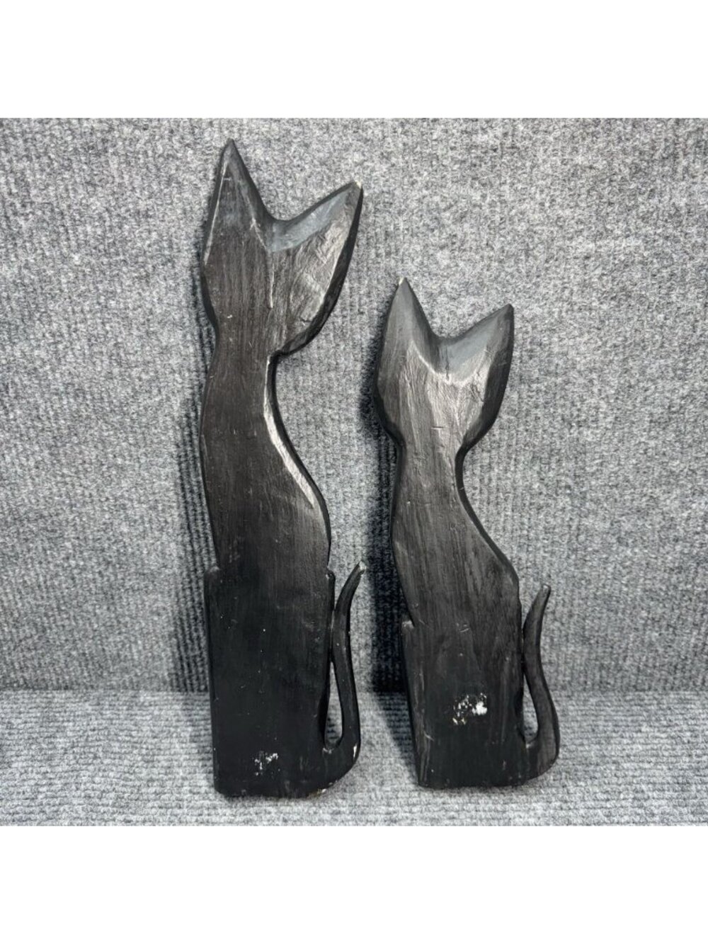 Set of 2 Vintage Black Cat Statues Wood Red Eyes Tall & Small Figures Halloween - Picture 5 of 9